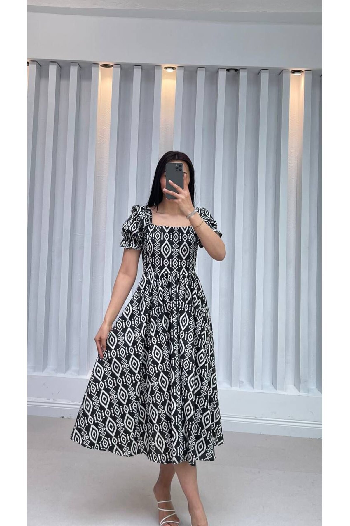 3161-SİYAH POPLİN KUMAŞ GÖĞÜS LASTİKLİ ELBİSE