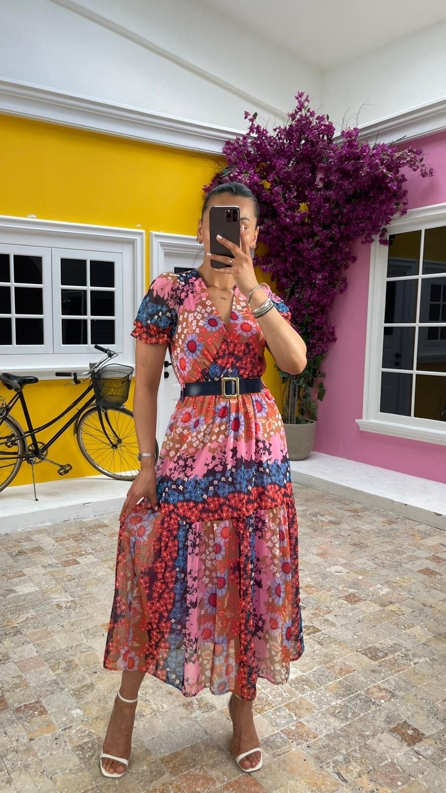 3224-ÇİÇEKL KEMERLİ ŞİFON ELBİSE