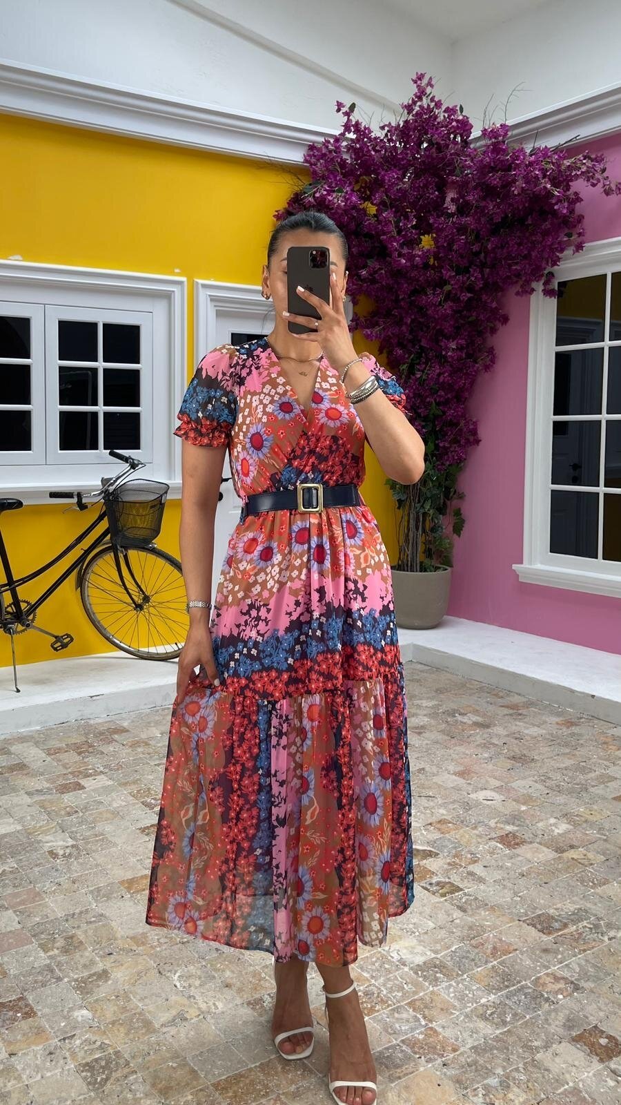 3224-ÇİÇEKL KEMERLİ ŞİFON ELBİSE