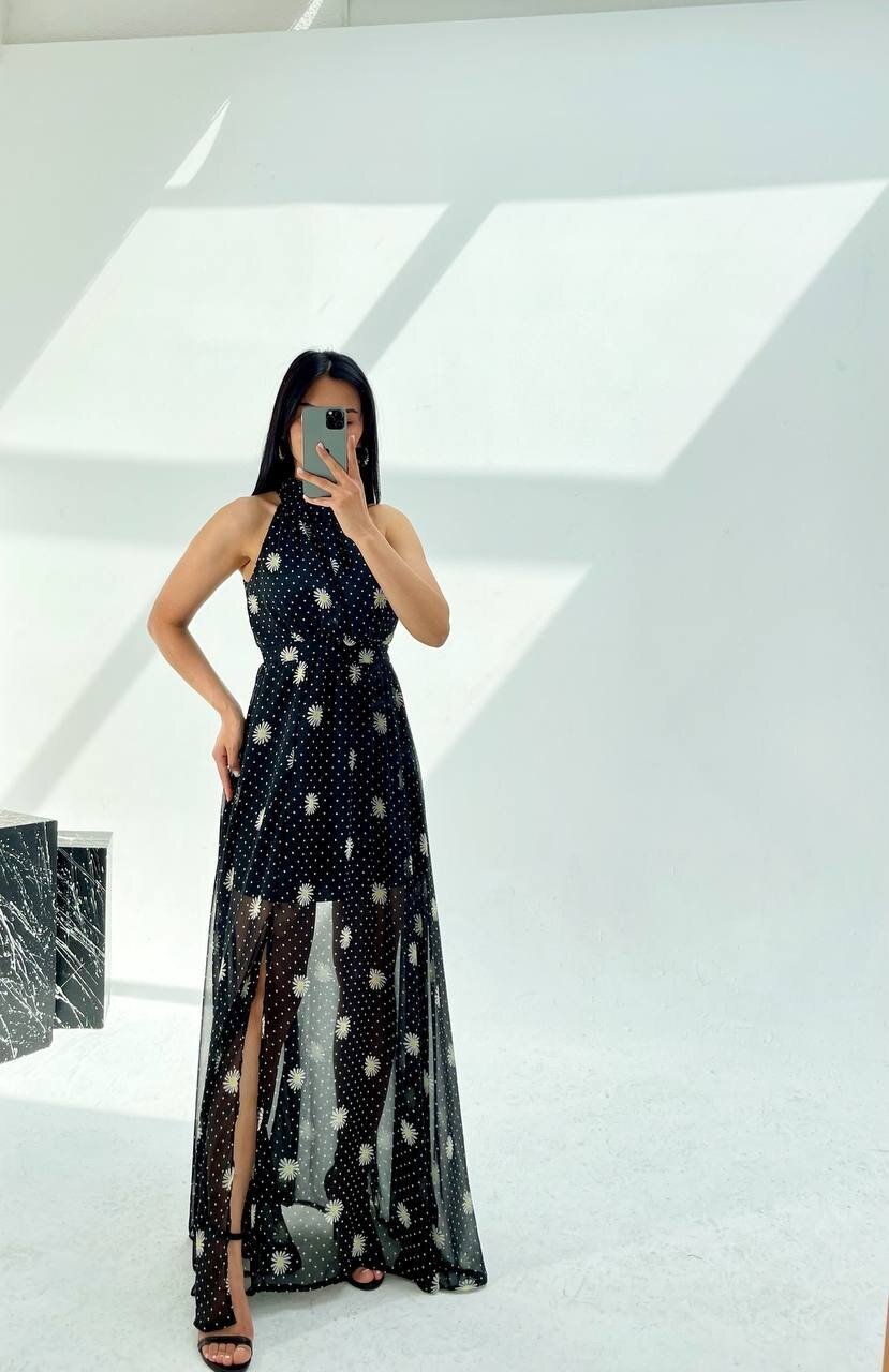 3242-PAPATYA DESEN ŞİFON ELBİSE