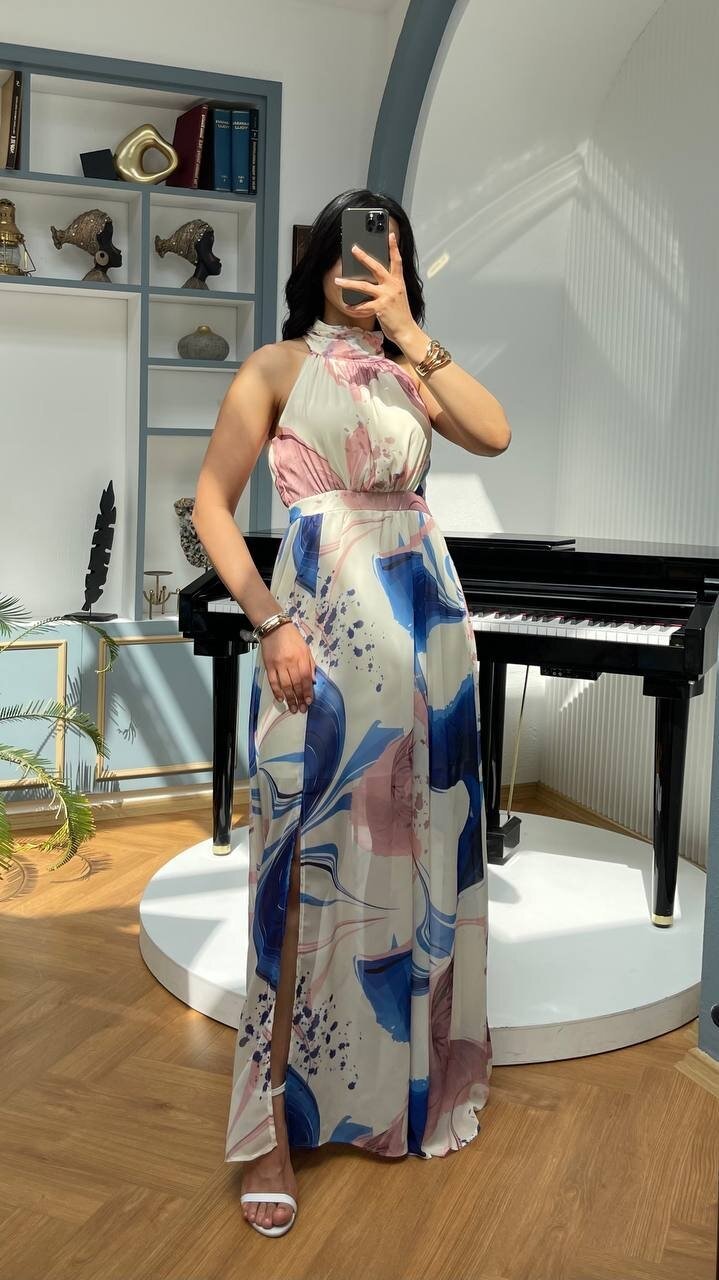 3242-SAKS BÜYÜK GÜLLÜ ŞİFON ELBİSE