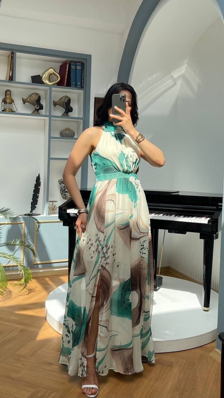 3242-YEŞİL BÜYÜK GÜLLÜ ŞİFON ELBİSE