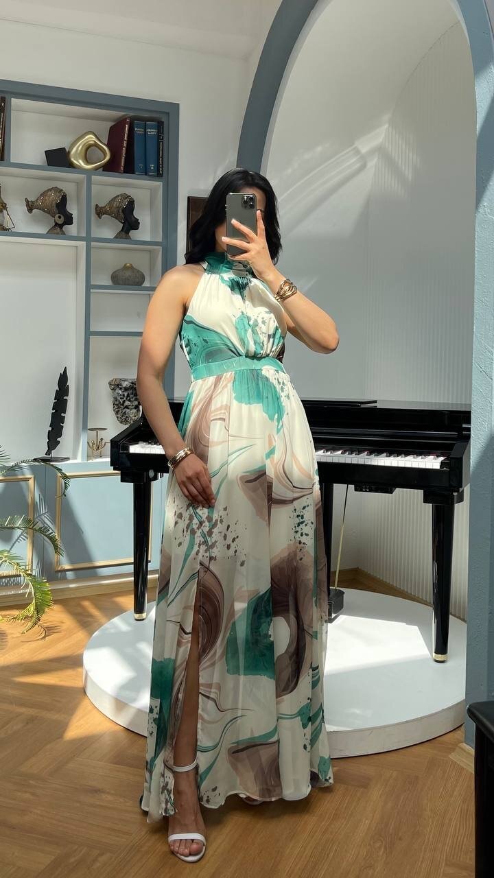 3242-YEŞİL BÜYÜK GÜLLÜ ŞİFON ELBİSE