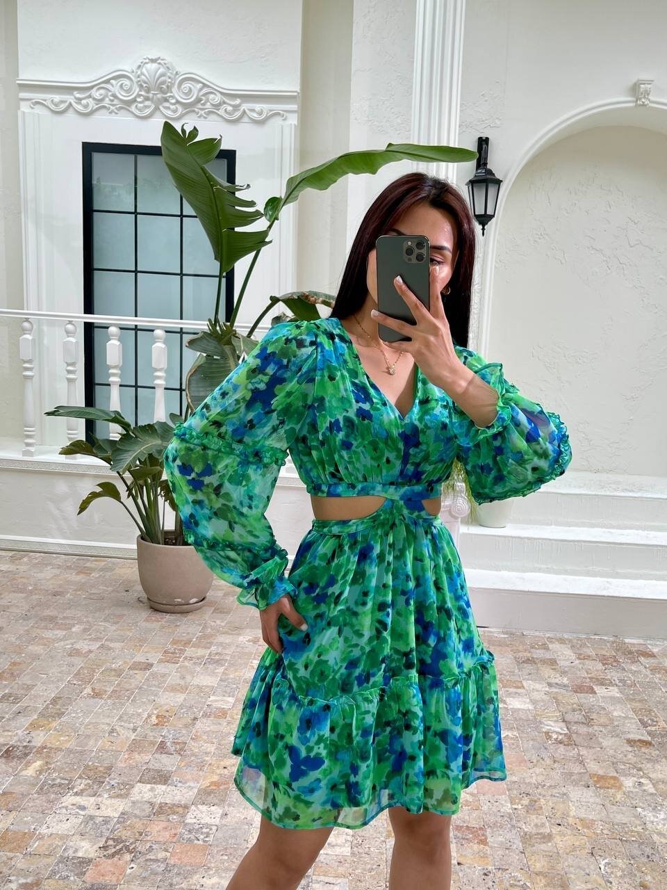 3256-YEŞİL ÇİÇEK DESEN YANLARI AÇIK ELBİSE