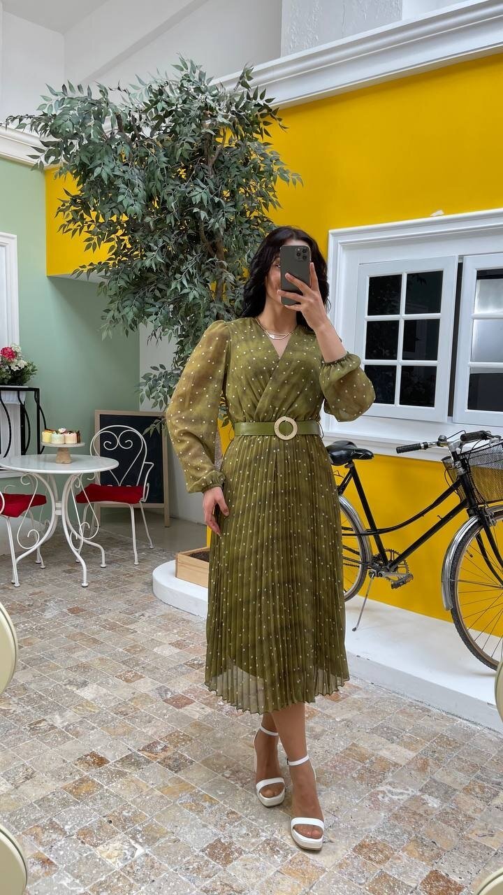 3286-OLİV KEMERLİ PUANTİYE DESEN ELBİSE