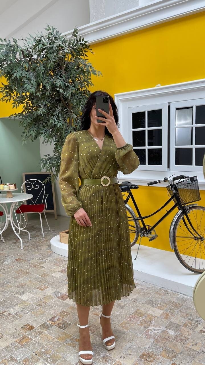 3286-OLİV KEMERLİ PUANTİYE DESEN ELBİSE