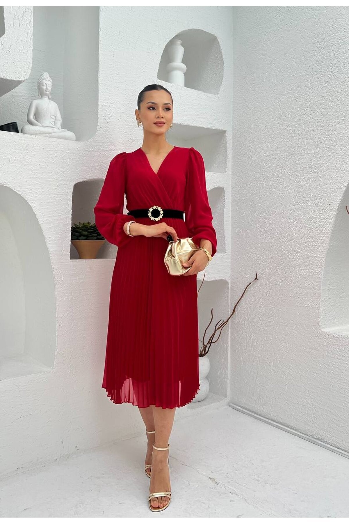 3314-KIRMIZI PLİSELİ ÇİÇEK DESEN KEMERLİ ELBİSE
