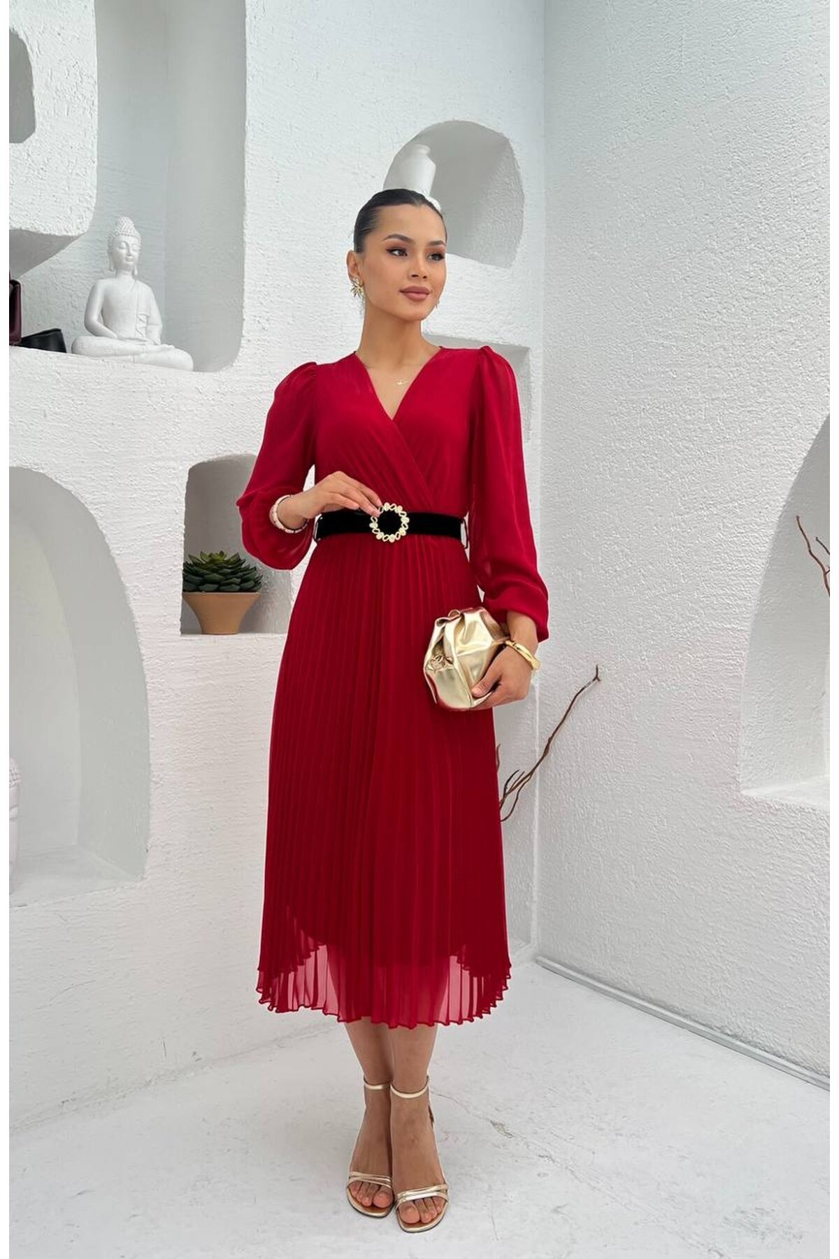 3314-KIRMIZI PLİSELİ ÇİÇEK DESEN KEMERLİ ELBİSE