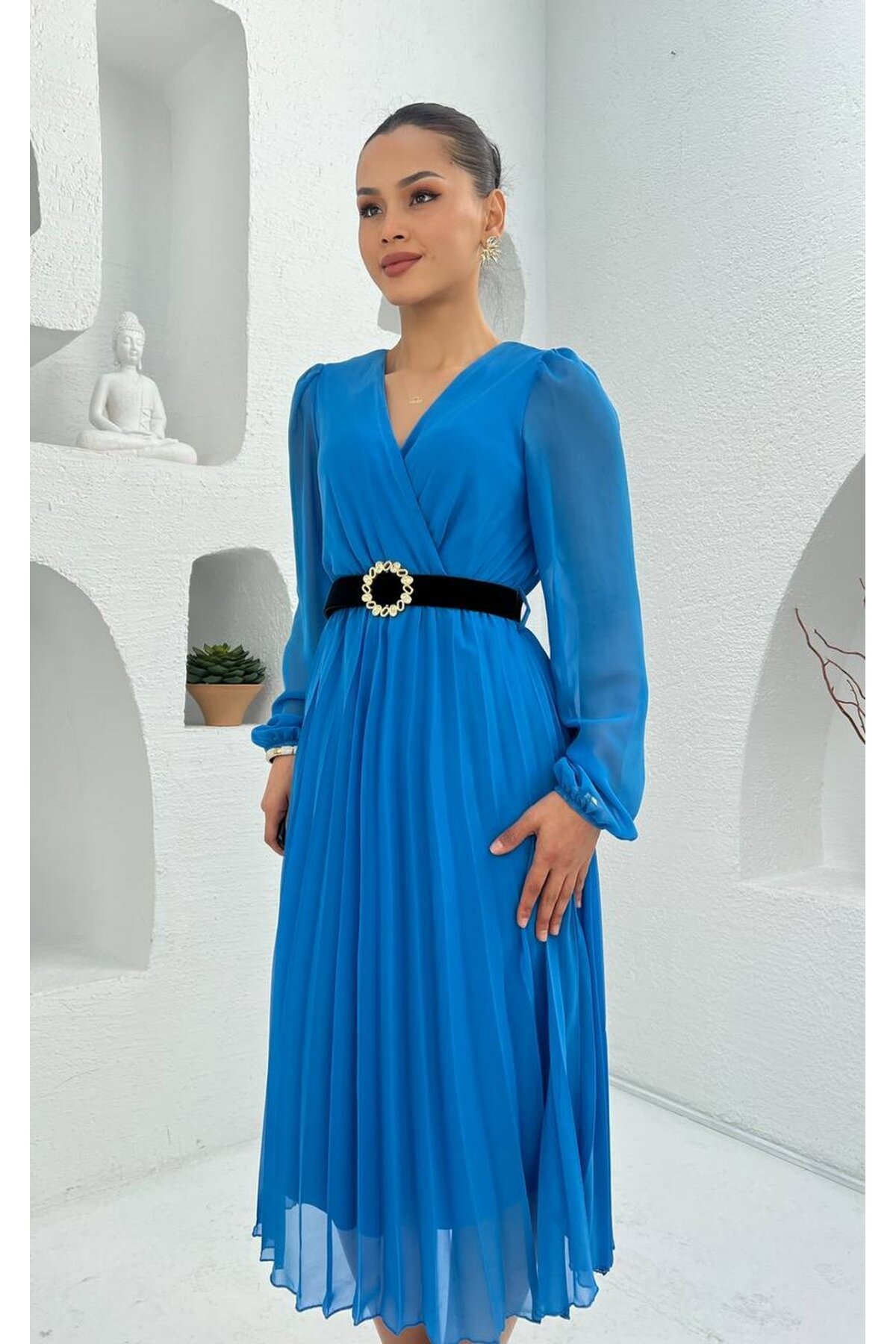 3314-SAKS PLİSELİ ÇİÇEK DESEN KEMERLİ ELBİSE