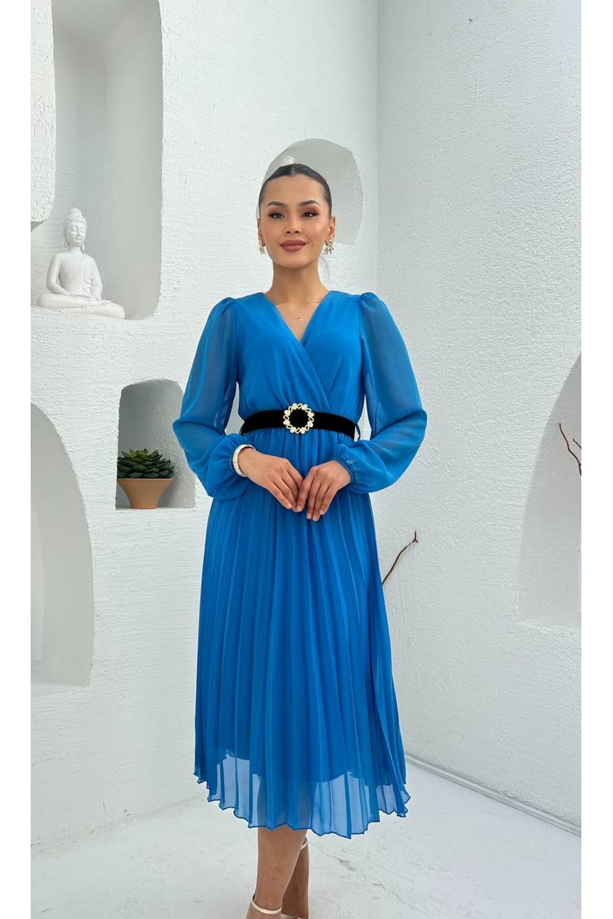 3314-SAKS PLİSELİ ÇİÇEK DESEN KEMERLİ ELBİSE