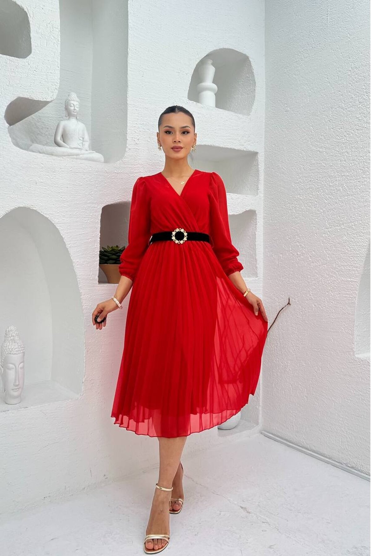 3314-TURUNCU PLİSELİ ÇİÇEK DESEN KEMERLİ ELBİSE