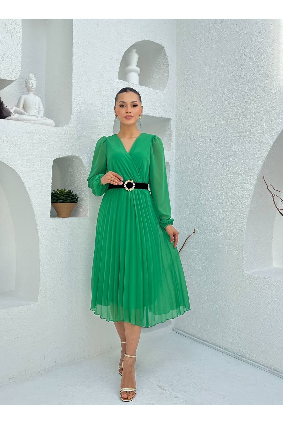 3314-YEŞİL PLİSELİ ÇİÇEK DESEN KEMERLİ ELBİSE
