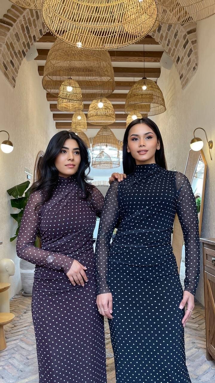 3328-SİYAH PUANTİYE DESEN TÜL ELBİSE