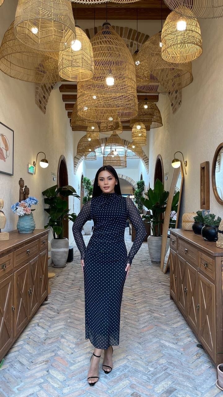 3328-SİYAH PUANTİYE DESEN TÜL ELBİSE