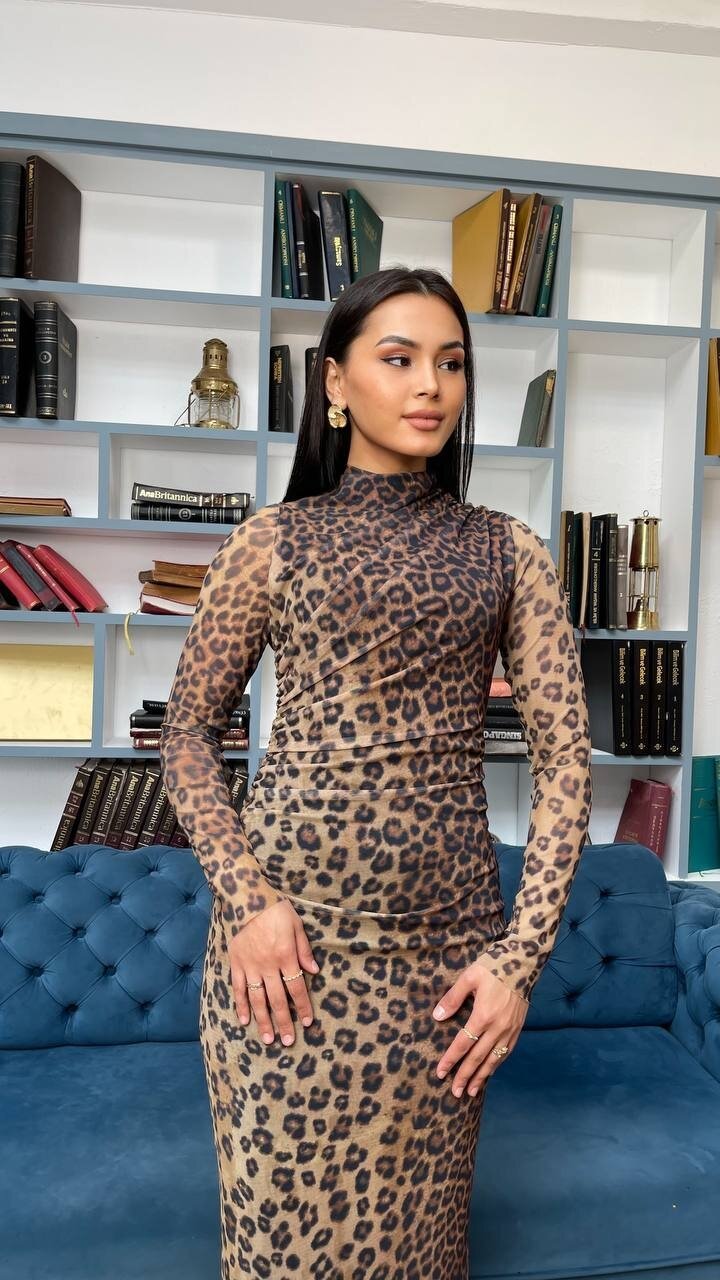 3328-LEOPAR DESEN TÜL ELBİSE