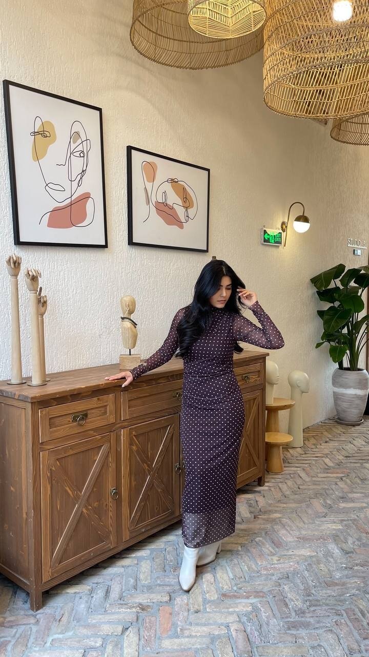 3328-KAHVE PUANTİYE DESEN TÜL ELBİSE