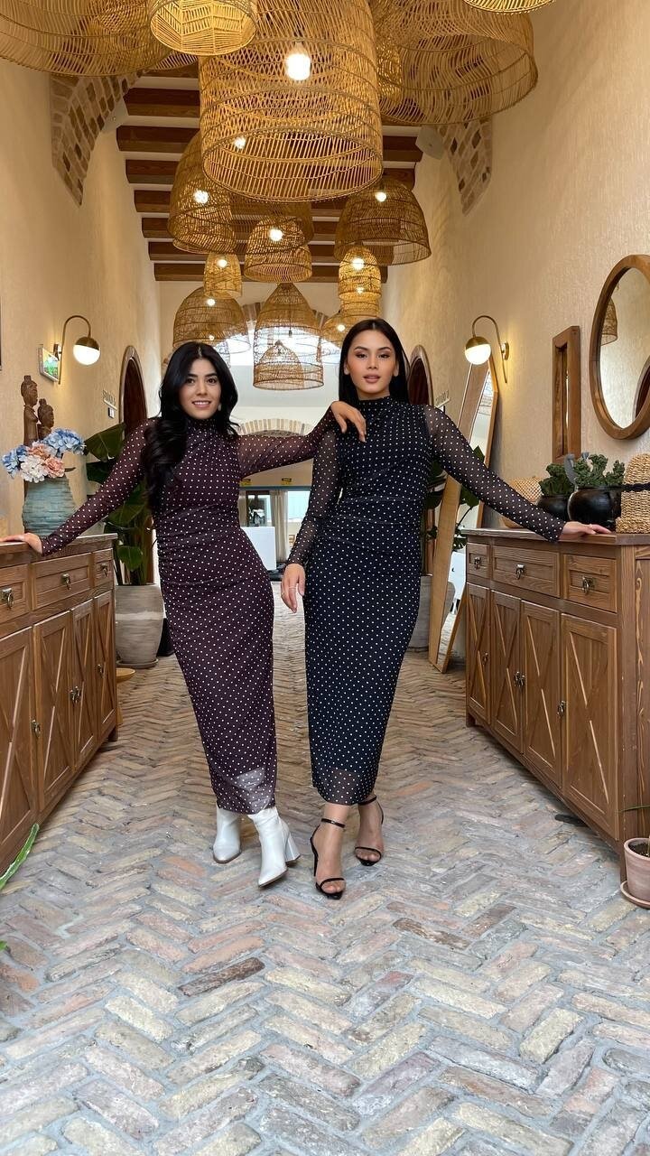 3328-KAHVE PUANTİYE DESEN TÜL ELBİSE