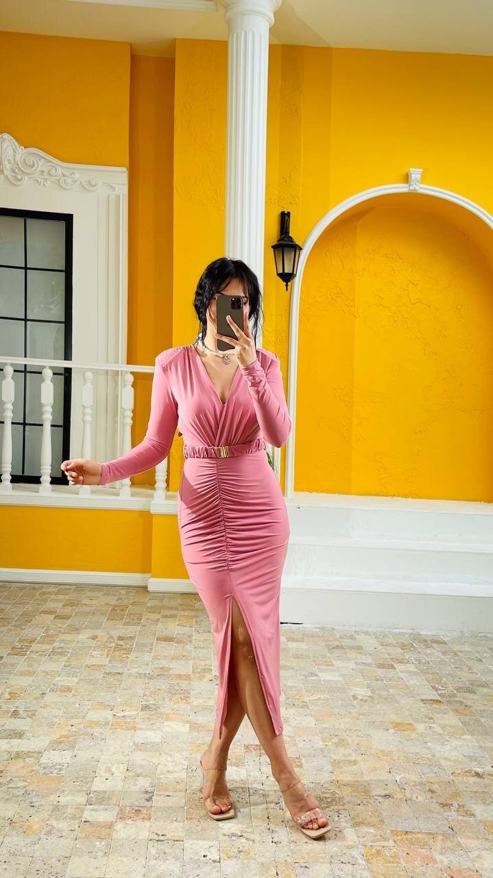 3361-PUDRA BÜZGÜLÜ DEMİR TOKA KEMERLİ ELBİSE