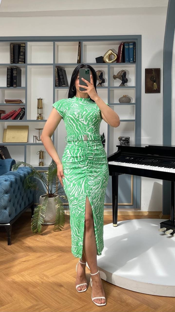 3372-YEŞİL KALEM ELBİSE