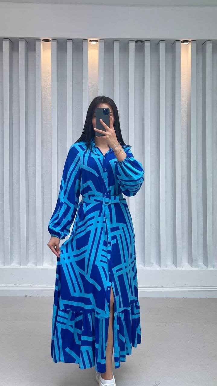 3388-MAVİ ÇİZGİLİ GÖMLEK ELBİSE