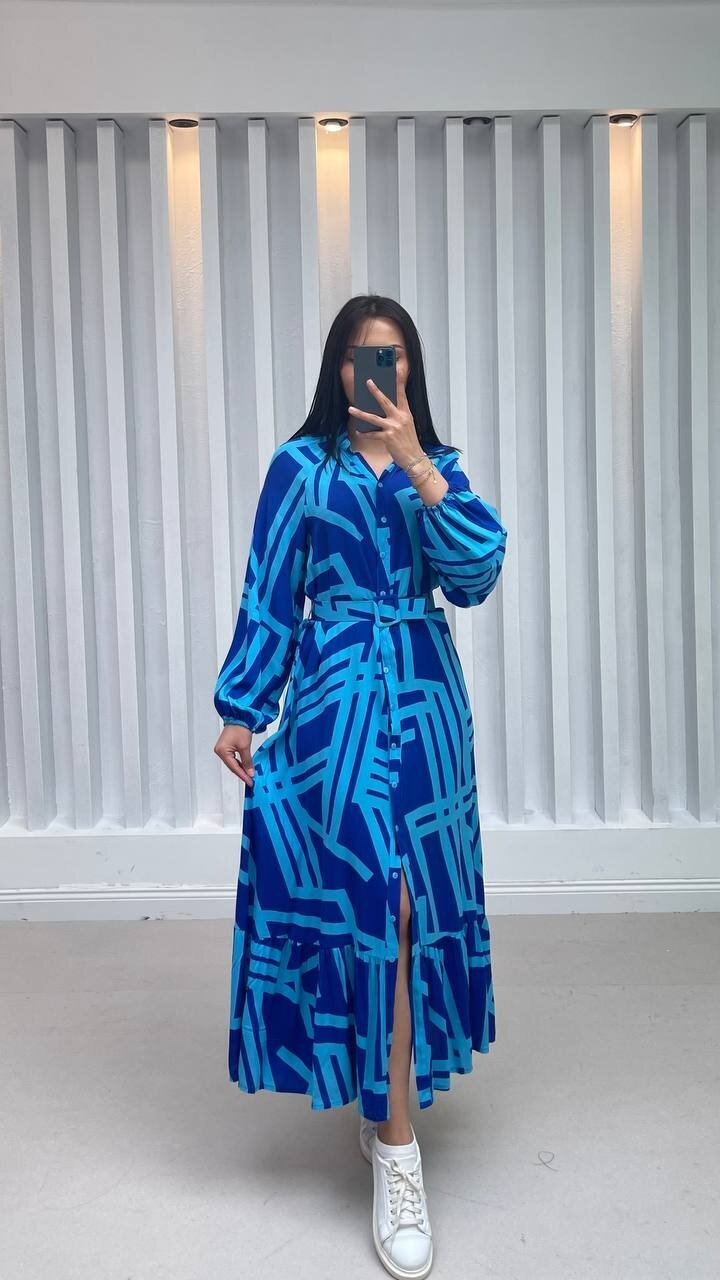 3388-MAVİ ÇİZGİLİ GÖMLEK ELBİSE