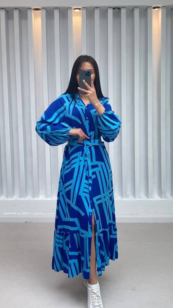 3388-MAVİ ÇİZGİLİ GÖMLEK ELBİSE