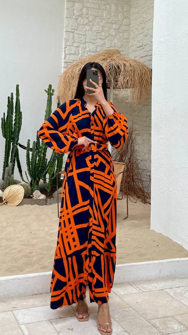 3388-TURUNCU ÇİZGİLİ GÖMLEK ELBİSE