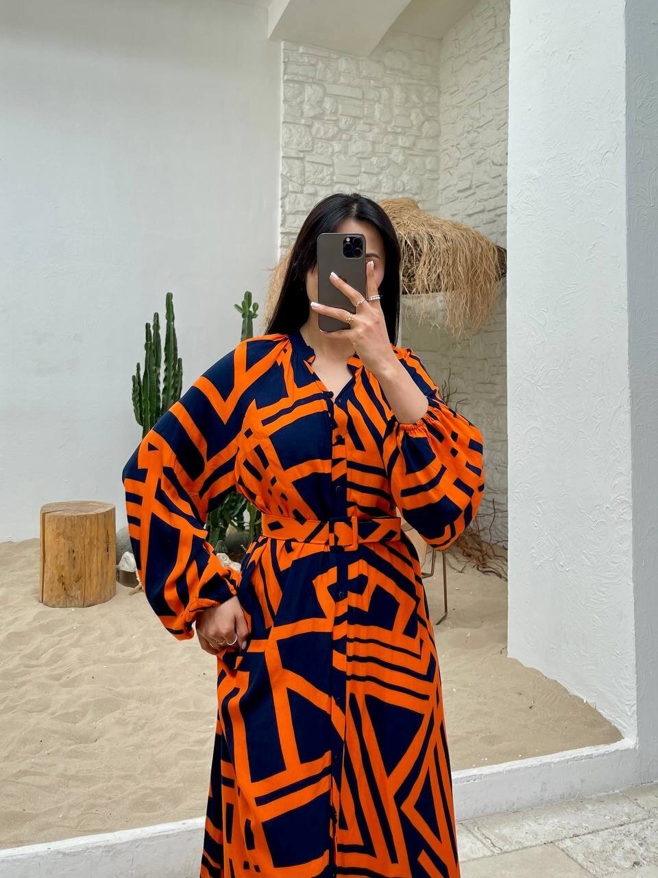 3388-TURUNCU ÇİZGİLİ GÖMLEK ELBİSE