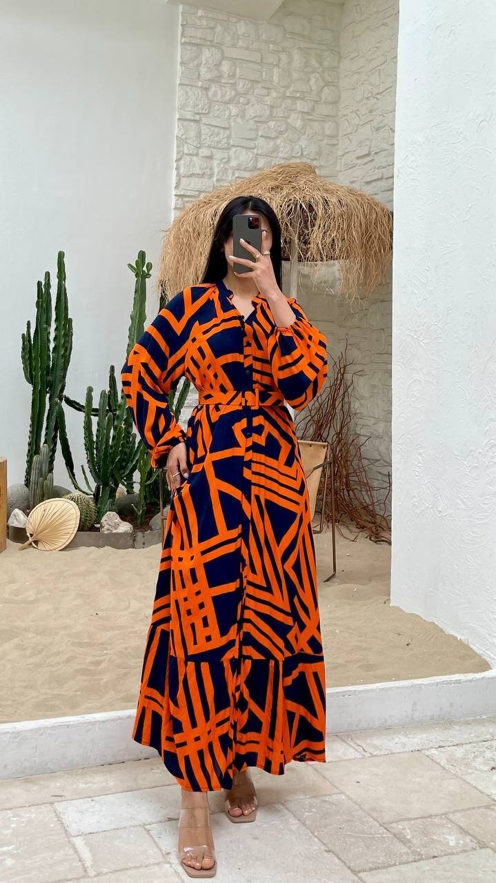 3388-TURUNCU ÇİZGİLİ GÖMLEK ELBİSE