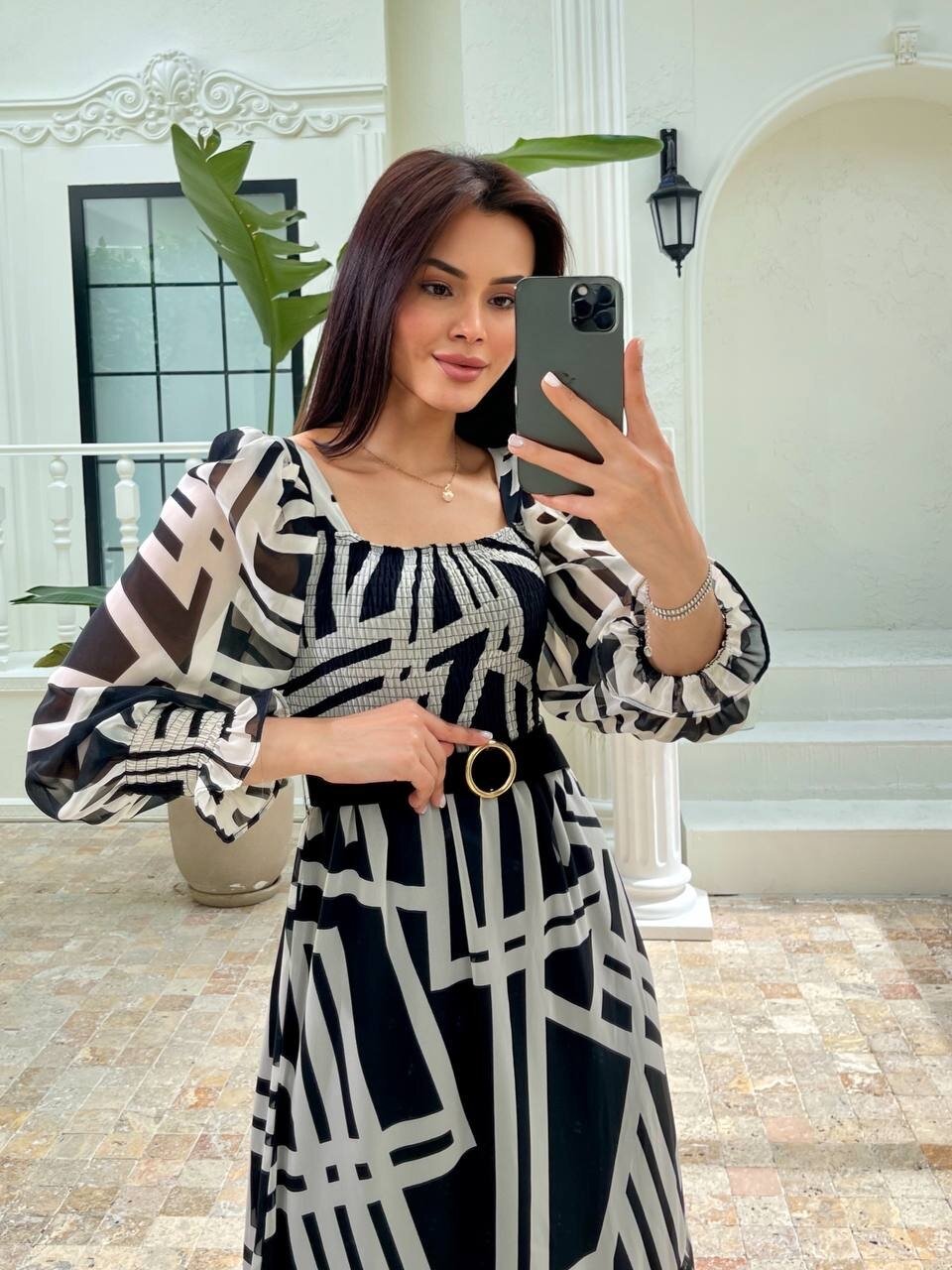 3406-ZİGZAG DESEN KEMERL ŞİFON ELBİSE