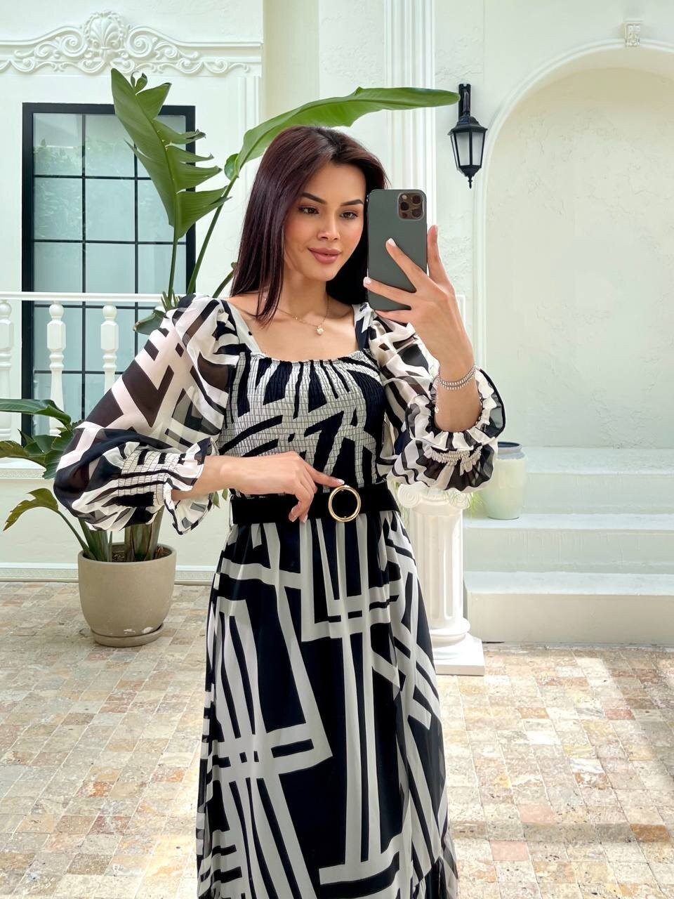 3406-ZİGZAG DESEN KEMERL ŞİFON ELBİSE