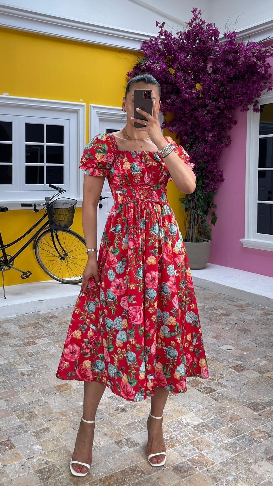 3413-POPLiN ÇİÇEKLİ ELBİSE