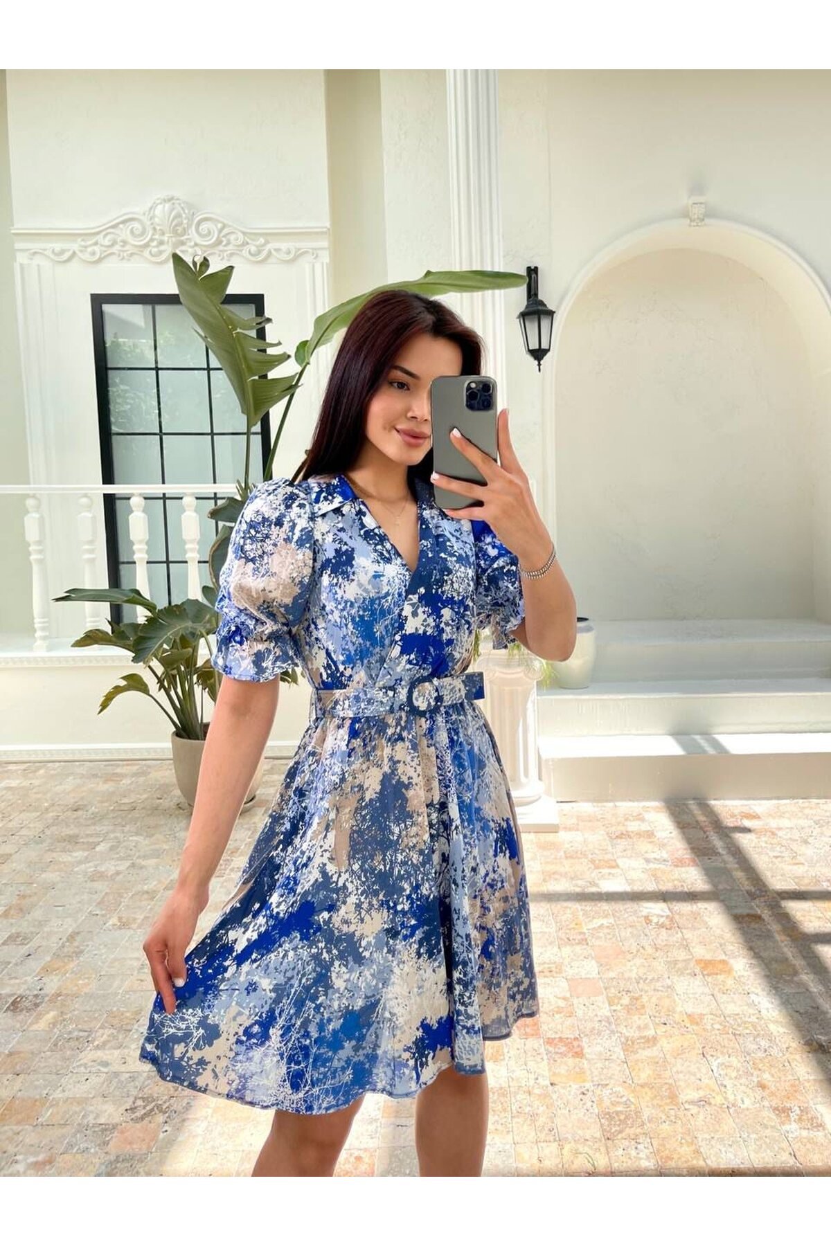 3414-MAVİ VİSKON KUMAŞ KISA KOL GÖMLEK ELBİSE