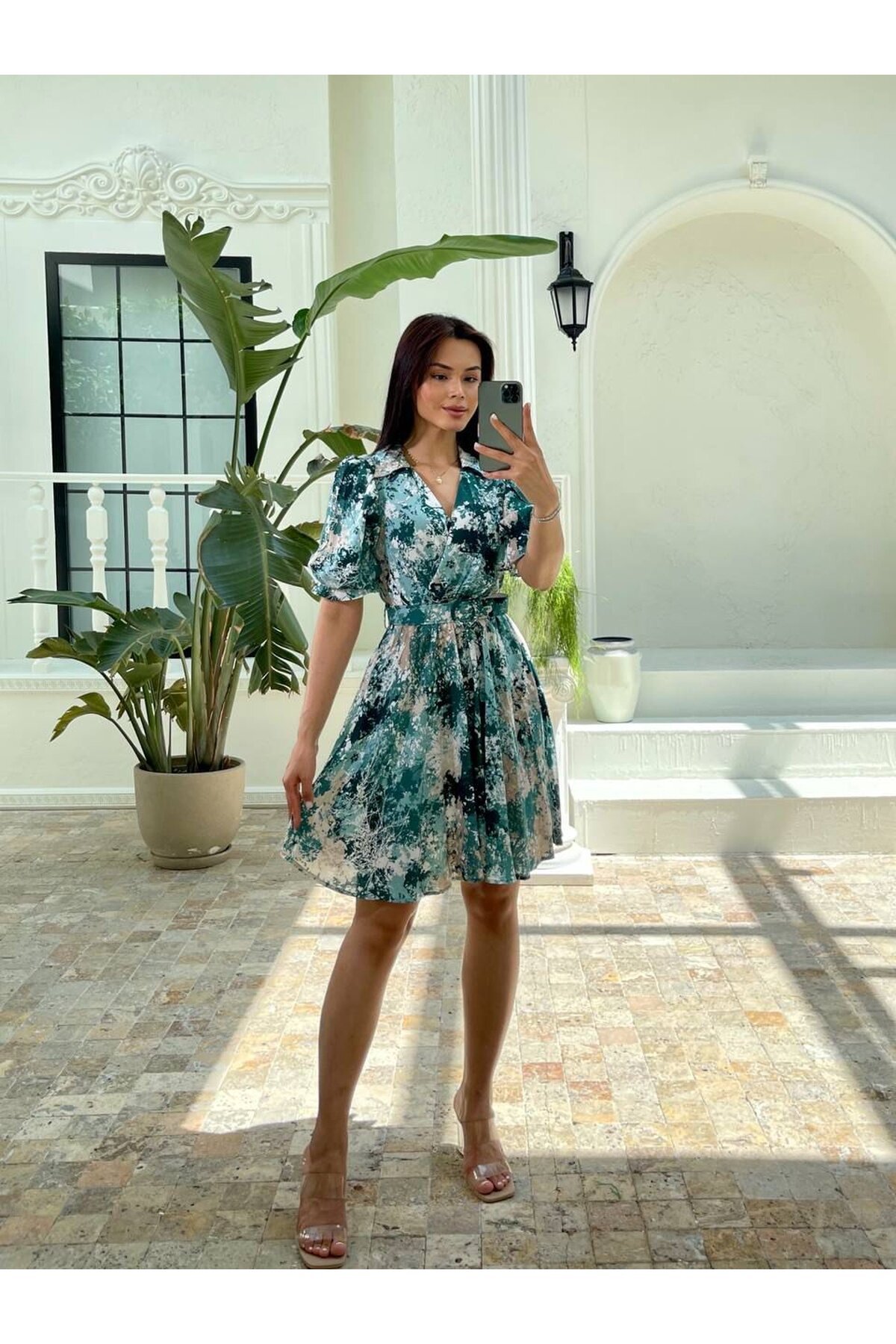 3414-YEŞİL VİSKON KUMAŞ KISA KOL GÖMLEK ELBİSE