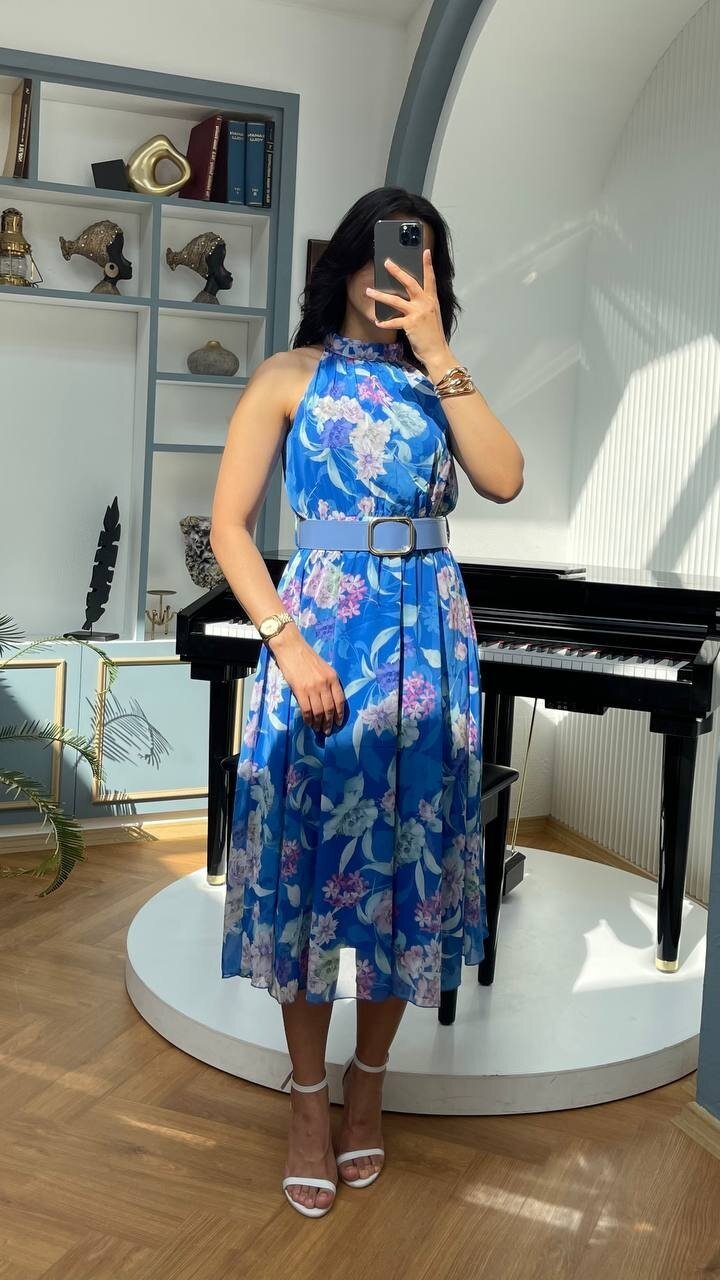 3432-MAVİ ÇİÇEKLİ KEMERLİ ELBİSE