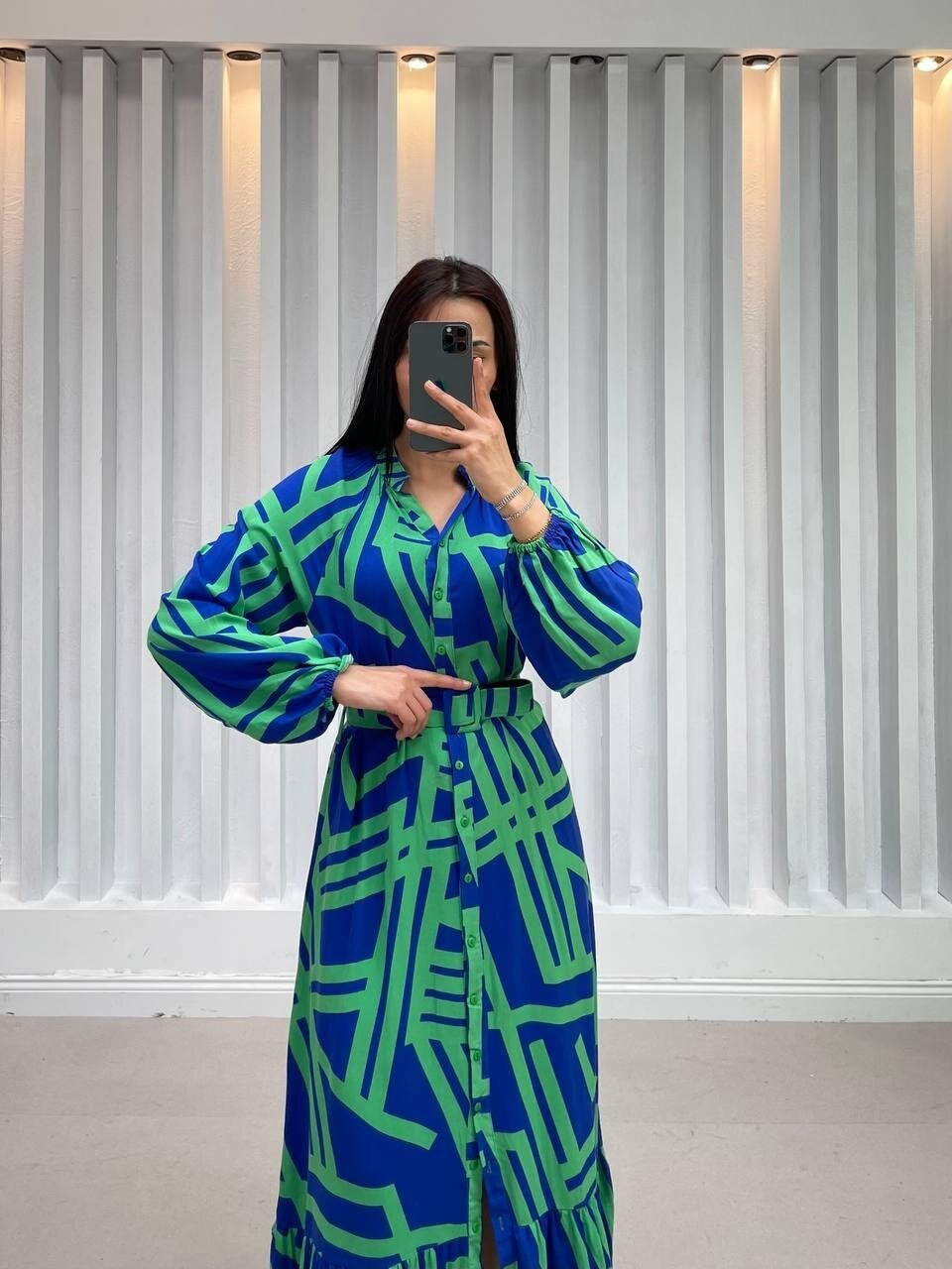 3388-YEŞİL ÇİZGİLİ GÖMLEK ELBİSE