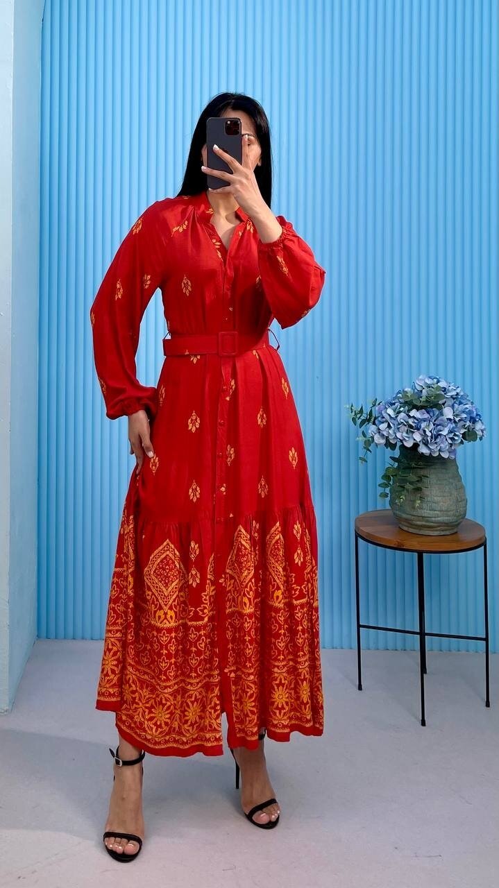 3433-TURUNCU DÜĞMELİ ALTI SULU GÖMLEK ELBİSE