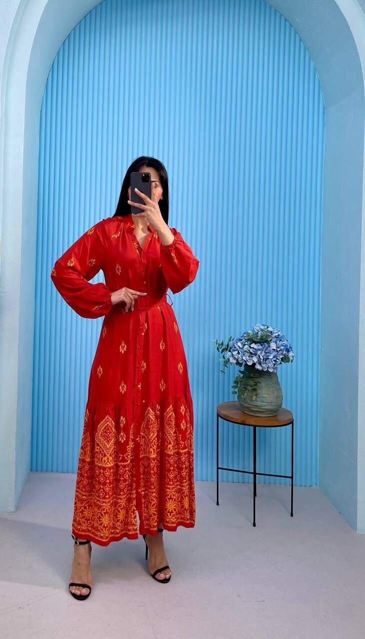 3433-TURUNCU DÜĞMELİ ALTI SULU GÖMLEK ELBİSE