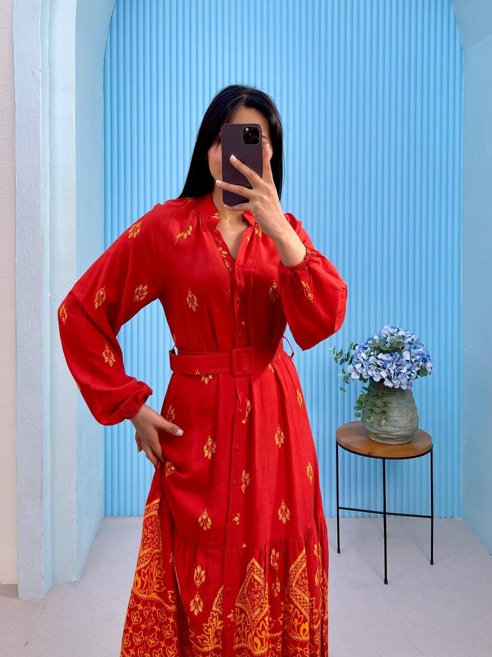 3433-TURUNCU DÜĞMELİ ALTI SULU GÖMLEK ELBİSE