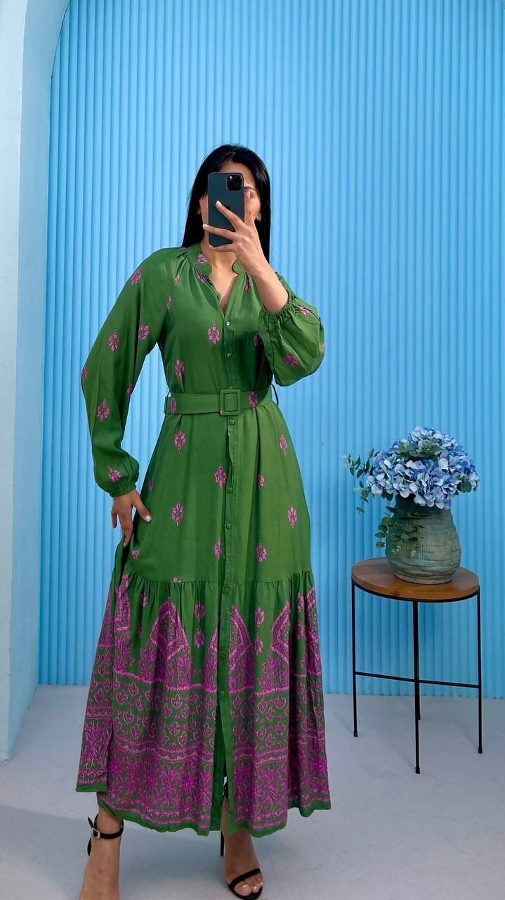 3433-YEŞİL DÜĞMELİ ALTI SULU GÖMLEK ELBİSE