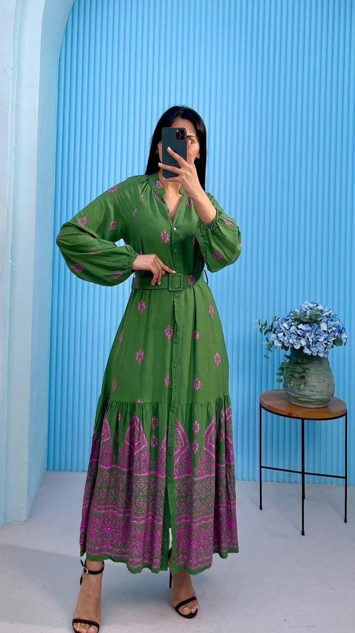 3433-YEŞİL DÜĞMELİ ALTI SULU GÖMLEK ELBİSE