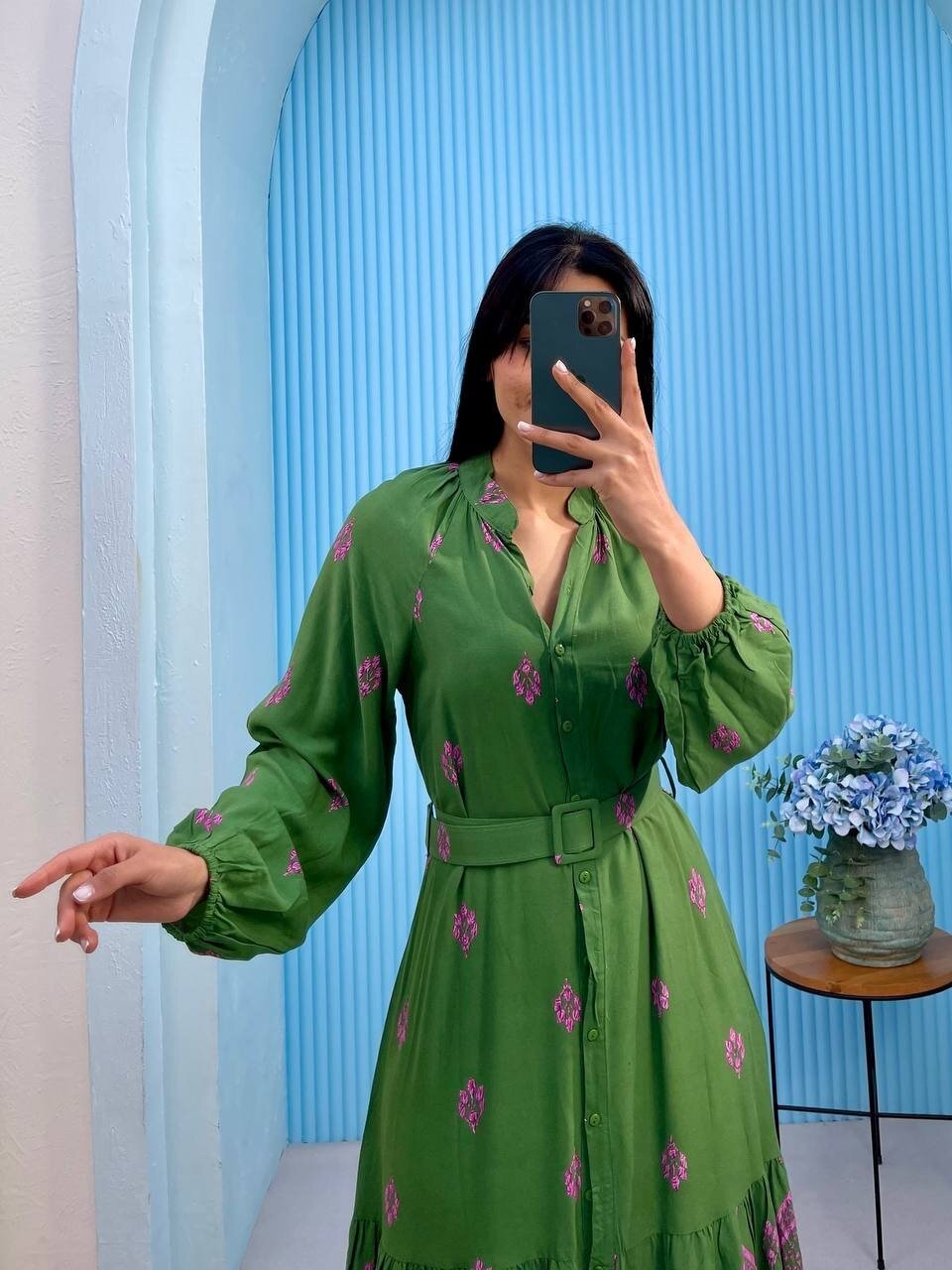 3433-YEŞİL DÜĞMELİ ALTI SULU GÖMLEK ELBİSE