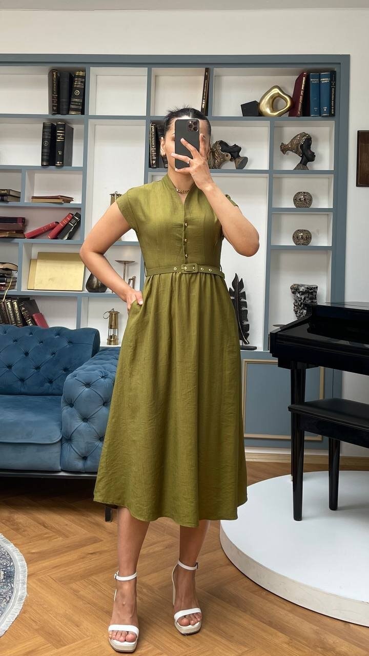 3440-HAKİ GOLD KEMER DETAY VE GOLD DÜĞMELİ ELBİSE