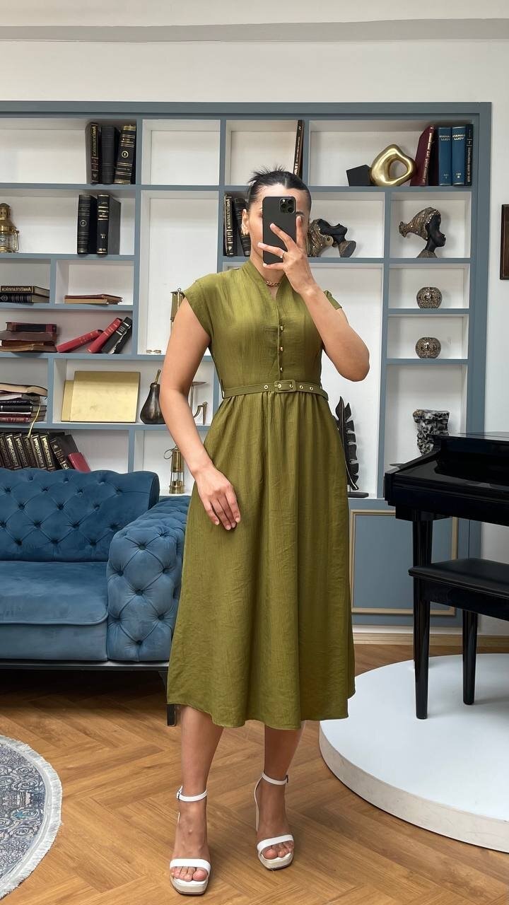 3440-HAKİ GOLD KEMER DETAY VE GOLD DÜĞMELİ ELBİSE