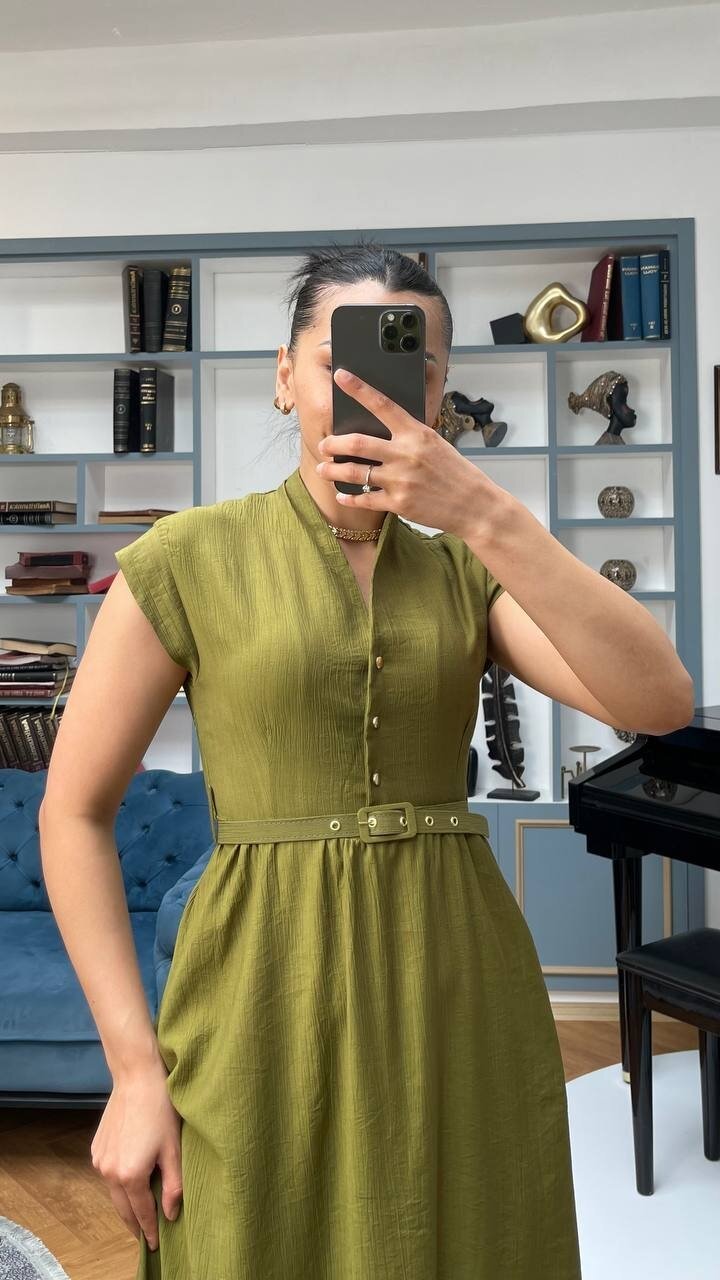 3440-HAKİ GOLD KEMER DETAY VE GOLD DÜĞMELİ ELBİSE