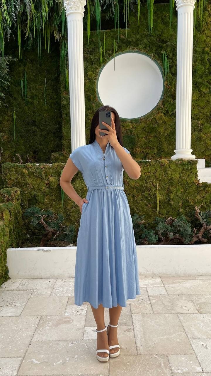 3440-MAVİ GOLD KEMER DETAY VE GOLD DÜĞMELİ ELBİSE