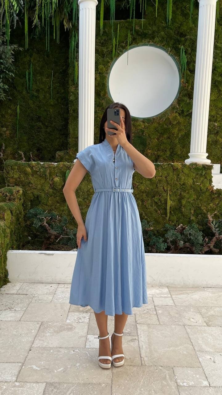 3440-MAVİ GOLD KEMER DETAY VE GOLD DÜĞMELİ ELBİSE