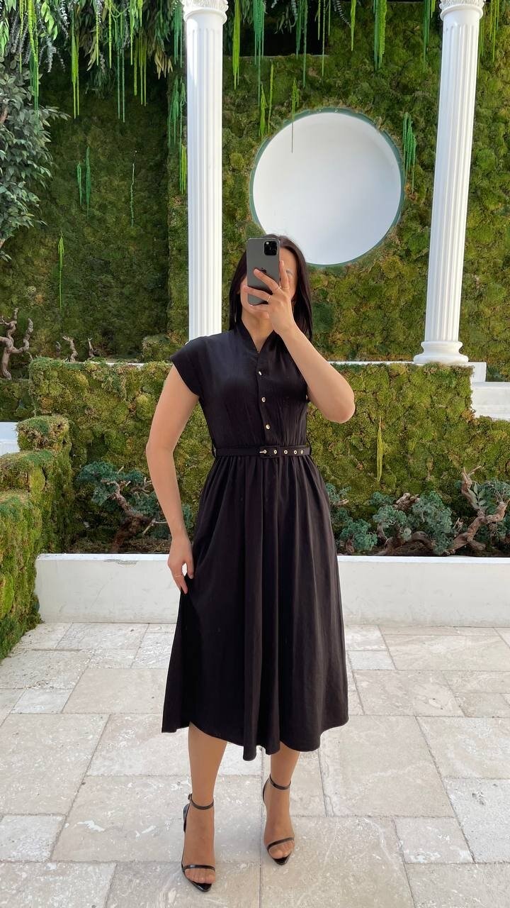 3440-SİYAH GOLD KEMER DETAY VE GOLD DÜĞMELİ ELBİSE