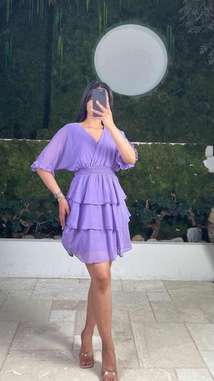 3447-LİLA KAT KAT ŞİFON ELBİSE