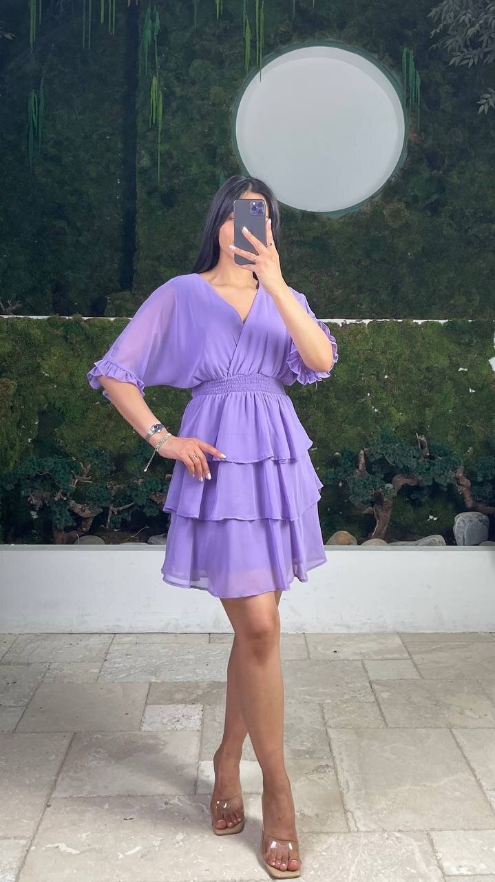 3447-LİLA KAT KAT ŞİFON ELBİSE